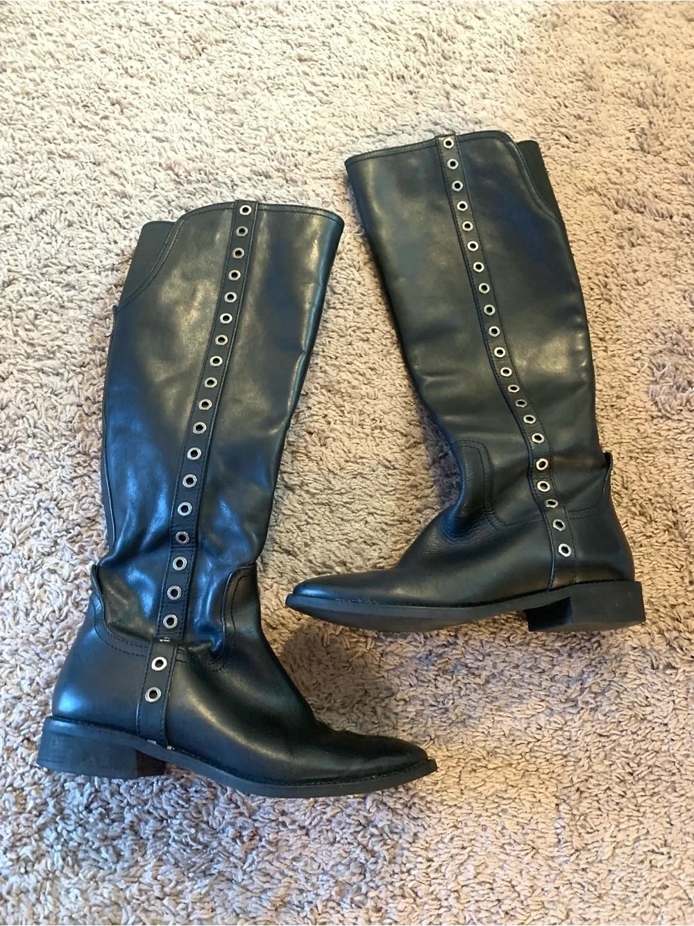Michael Kors Dora Grommet Eyelets Tall Riding Boots Leather Equestrian Black